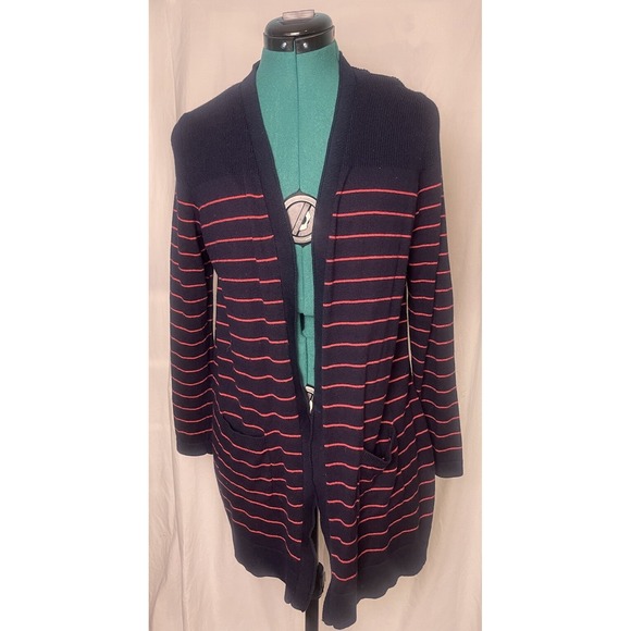 Talbots womens navy pink striped long Light cardigan with pockets Sz petite M - Picture 1 of 6